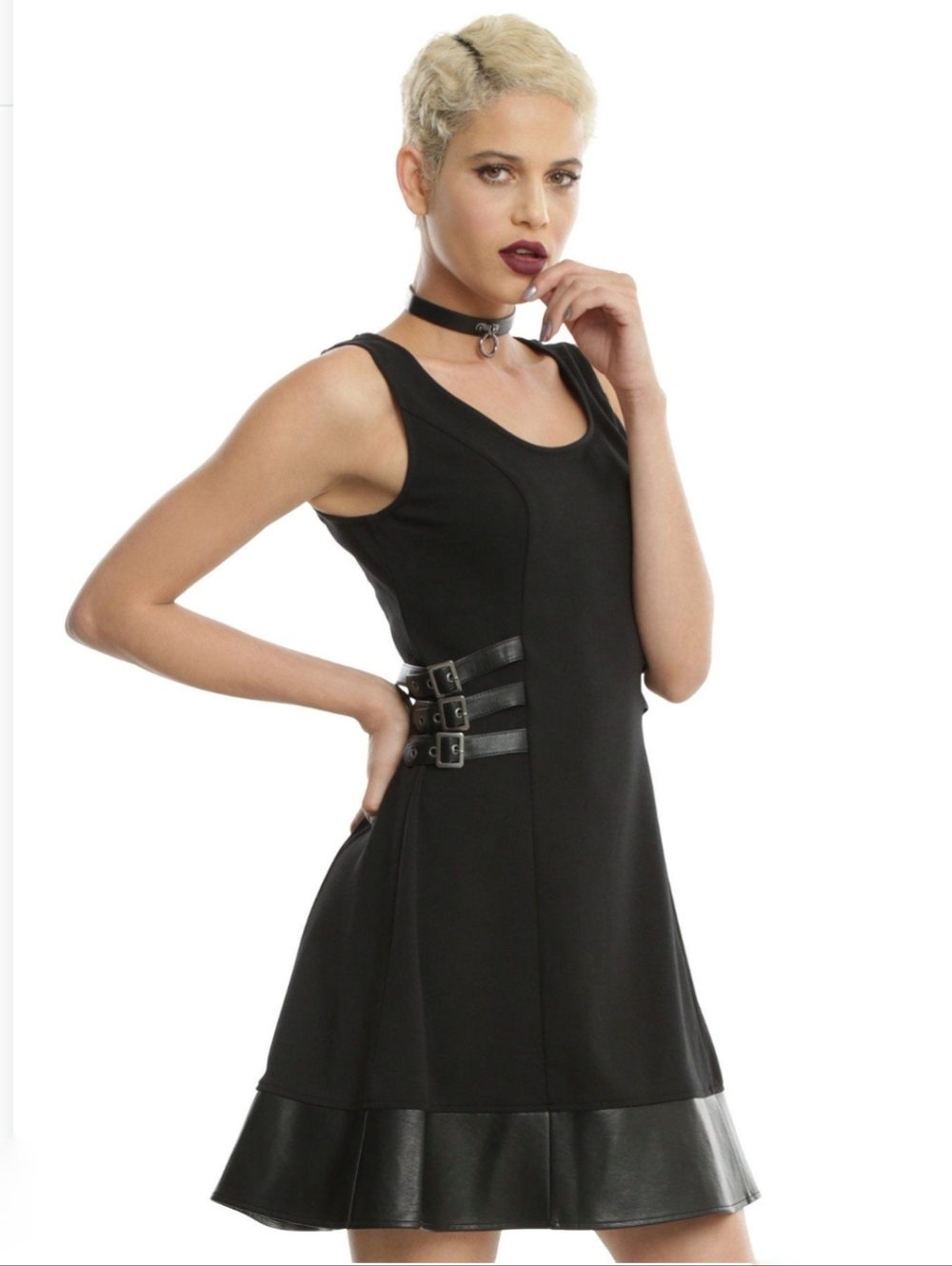 Hot Topic Black Side Buckle Fit And Flare Mini Dress Size Medium Sleeveless Goth